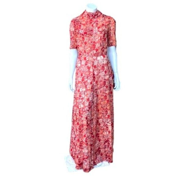 100% Cotton Red Batik Modest High Neck Floor Length Ruffled Maxi Dress Malaysian - Picture 1 of 11